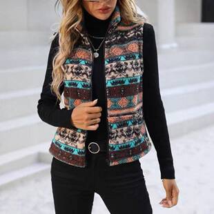 Women'S Elegant Plant Pattern Vest Jacket, Stand Collar