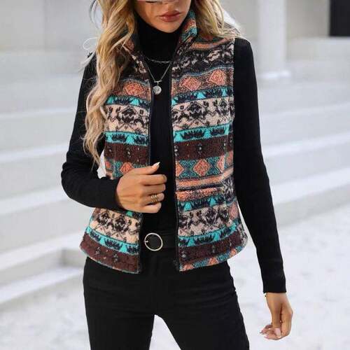Women'S Elegant Plant Pattern Vest Jacket, Stand Collar
