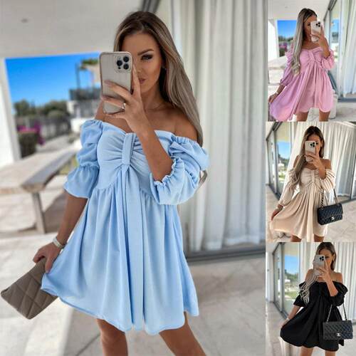 Women's Plain Ruched Off The Shoulder Dress Elegant Flounce