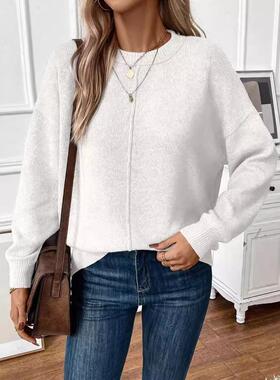 Women's Solid Color Drop Shoulder Crew Neck Knit Pullover,