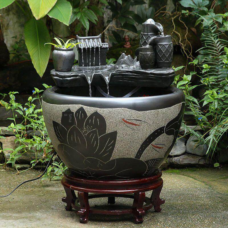 风生水起水缸景德镇陶瓷金鱼缸阳台办公室客厅流水摆件水缸过滤庭