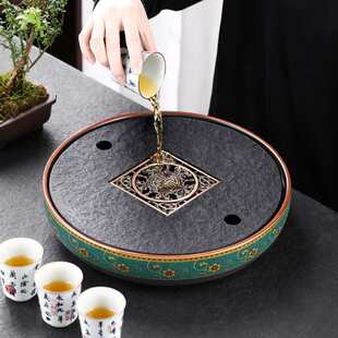 简约轻奢中式 圆形乌金石茶盘陶瓷家用茶具托盘石盘茶台储水式 小型