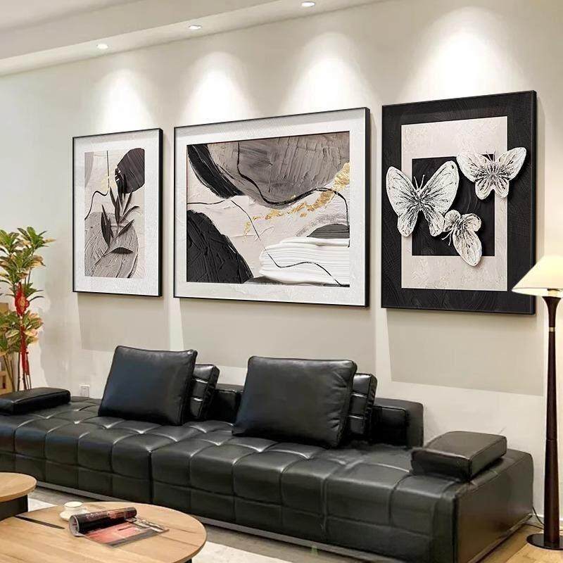 简约现代客厅装饰画黑白灰大白墙壁画高级感抽象肌理新款三联挂画