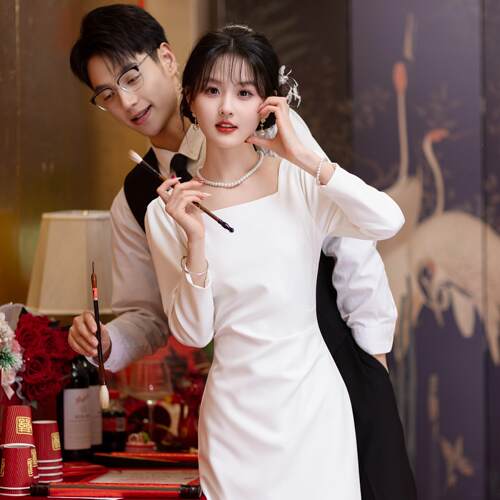 白色订婚礼服2025新款法式轻婚纱领证小白裙登记洋装平时可穿