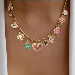 Flower Evil Blue Eye Charms Necklace for Women Cute Heart Go