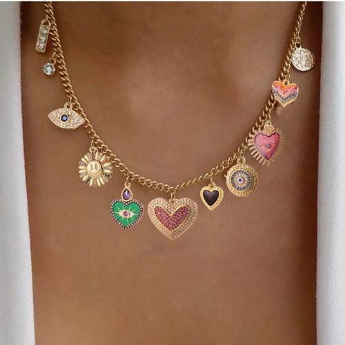 Flower Evil Blue Eye Charms Necklace for Women Cute Heart Go