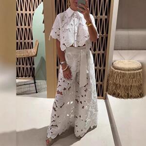 Women's 2026 New Retro Lace Outfit Set Short Sleeved Blouse