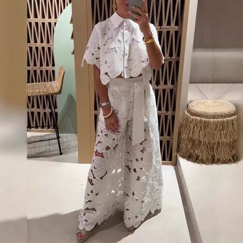 Women's 2026 New Retro Lace Outfit Set Short Sleeved Blouse