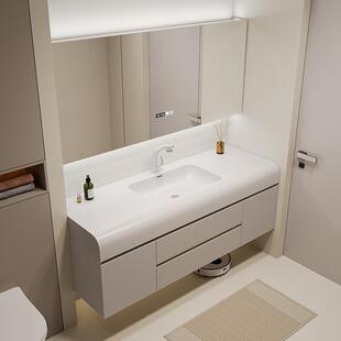 奶油风肤感一体洗脸盆浴室柜组合卫生间陶瓷洗手盆洗漱台实木萧山