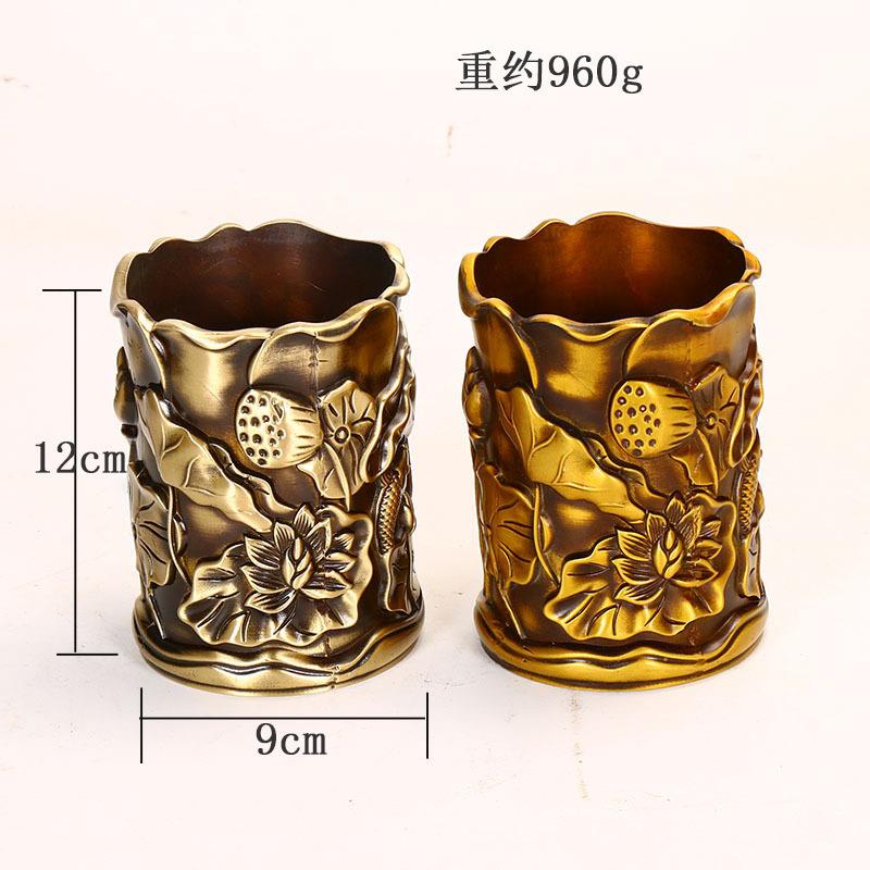 直供仿古 古玩铜制 笔筒 雕刻荷花荷叶 创意摆件铜工艺品家居办公