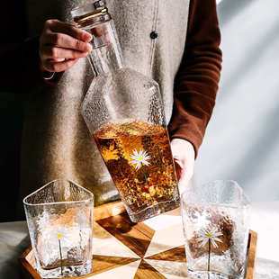 ins北欧三角手绘菊花金边锤目纹玻璃壶杯 绿典 家用玻璃酒具水具