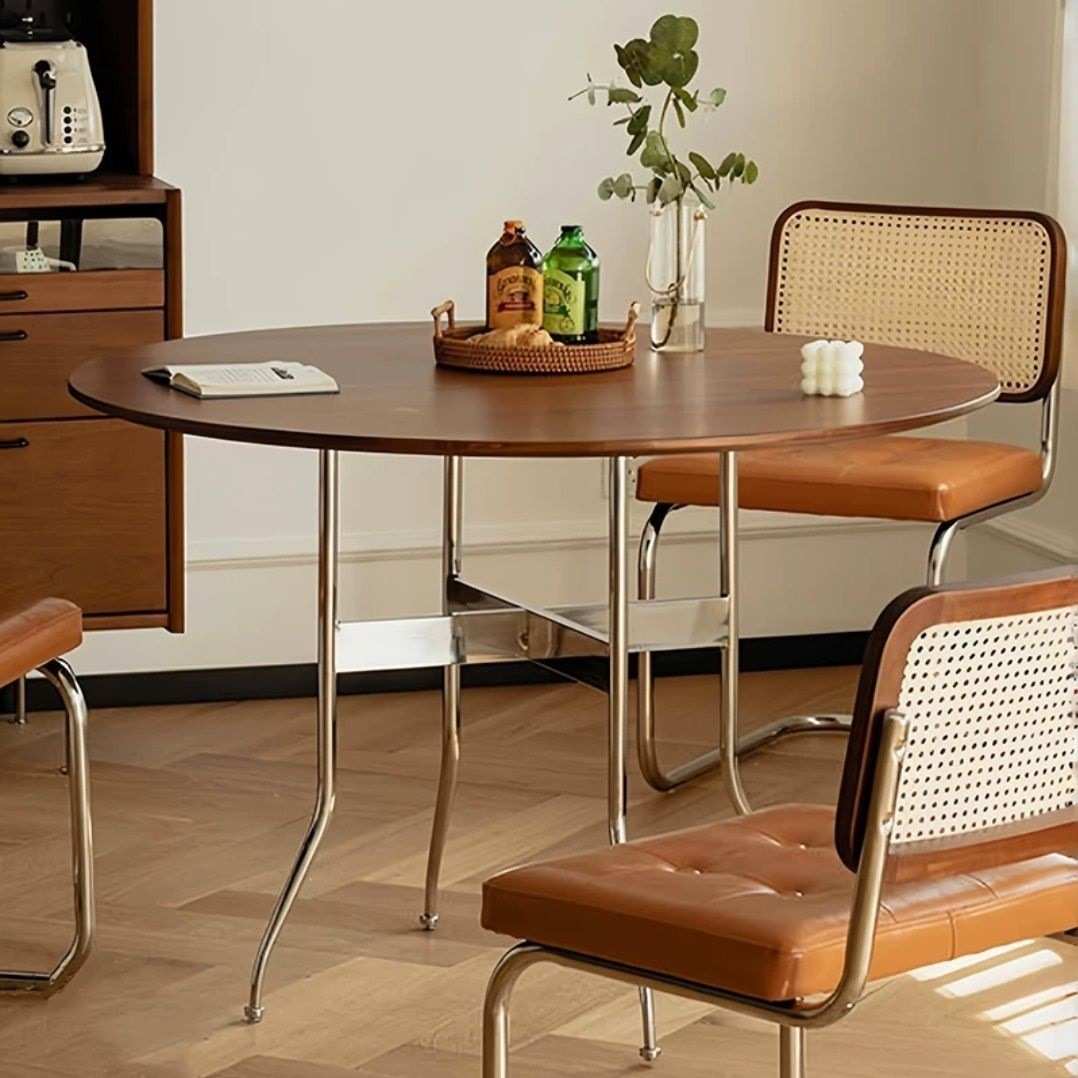 法式中古风原实木圆形餐桌椅子小户型家用咖啡折叠不锈钢胡桃