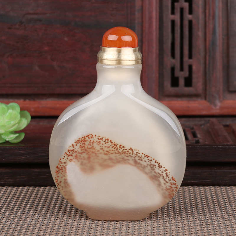 天然玛瑙玉石鼻烟壶  薄膛  纯手工手把件 中国风特色民间手工艺