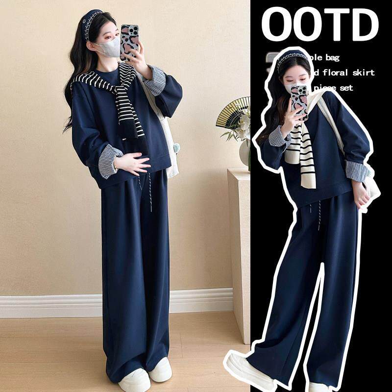孕妇装春装2025新款韩版厚棉T套装春秋季孕妈妈上衣半身裙两件套