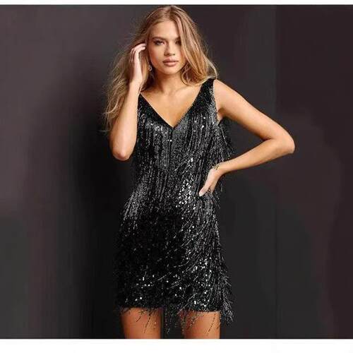 2025Low-cutV-neckSexeevelessFringeDressSuitablefor