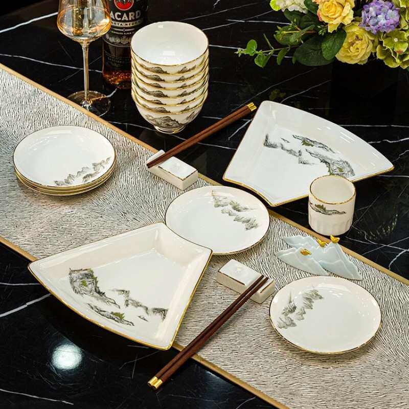 圆桌拼盘餐具中式餐具组合套装山水扇形碗碟高档送礼乔迁瓷器碗盘,餐饮具,餐具瓷器套装,淘宝优惠券,粉丝福利购,淘宝优惠卷