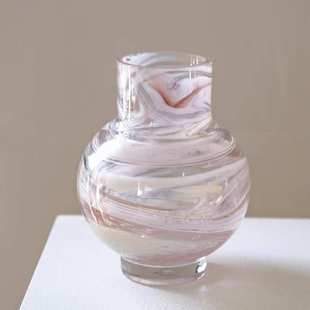 中古花瓶粉色云纹桌面琉璃小花瓶家居玻璃插花器极简复古法式