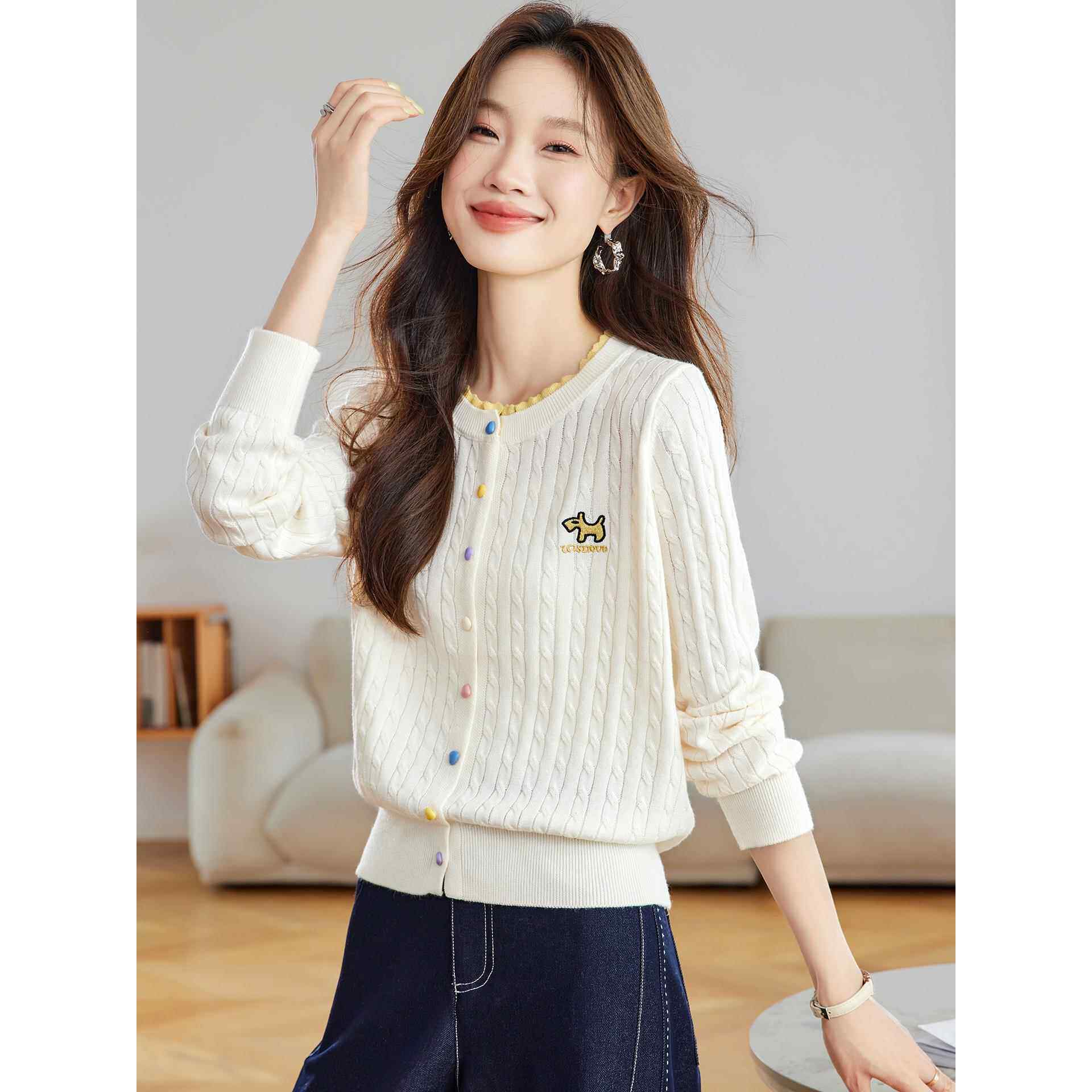 木耳花边领针织衫开衫女2025新款春秋季洋气减龄薄款麻花毛衣外套