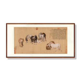 书房郎世宁挂画实木《客厅过道玄关八骏图榫卯装饰画茶室壁画》