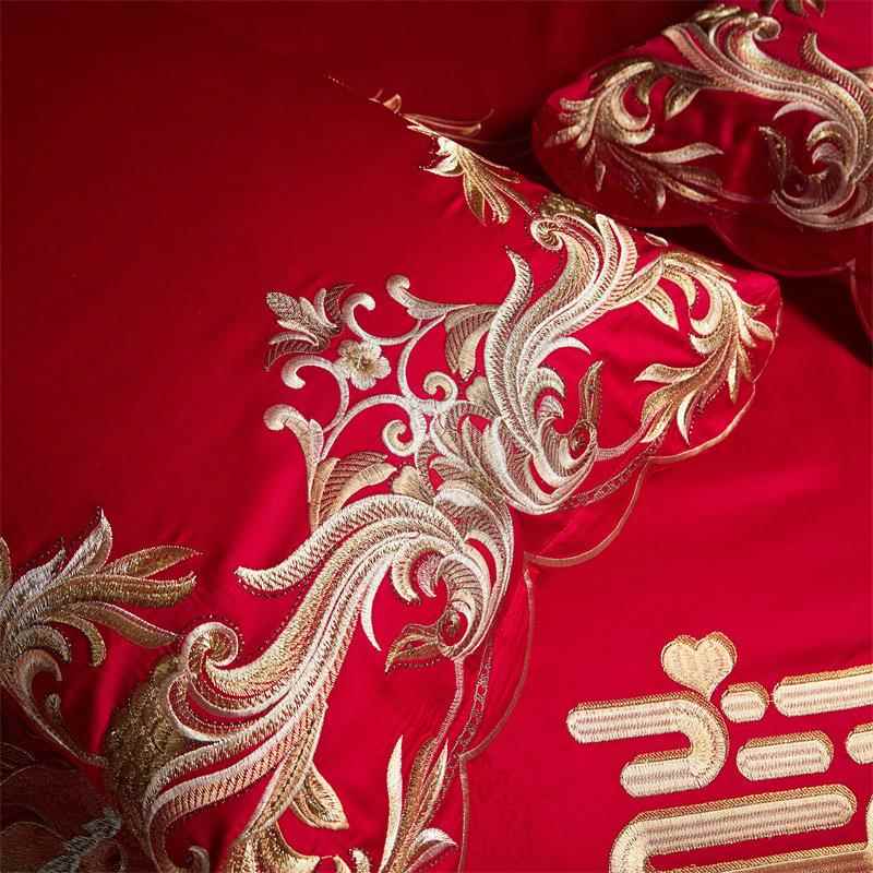 160龙DFXS-660支长绒棉绣结婚四件套全贡缎刺绣花婚庆大红床上用
