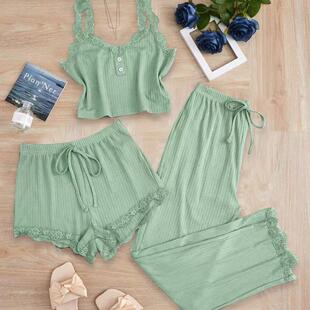 Women'S Sleepwear Set Three-Piece Round Neck Lace Trim