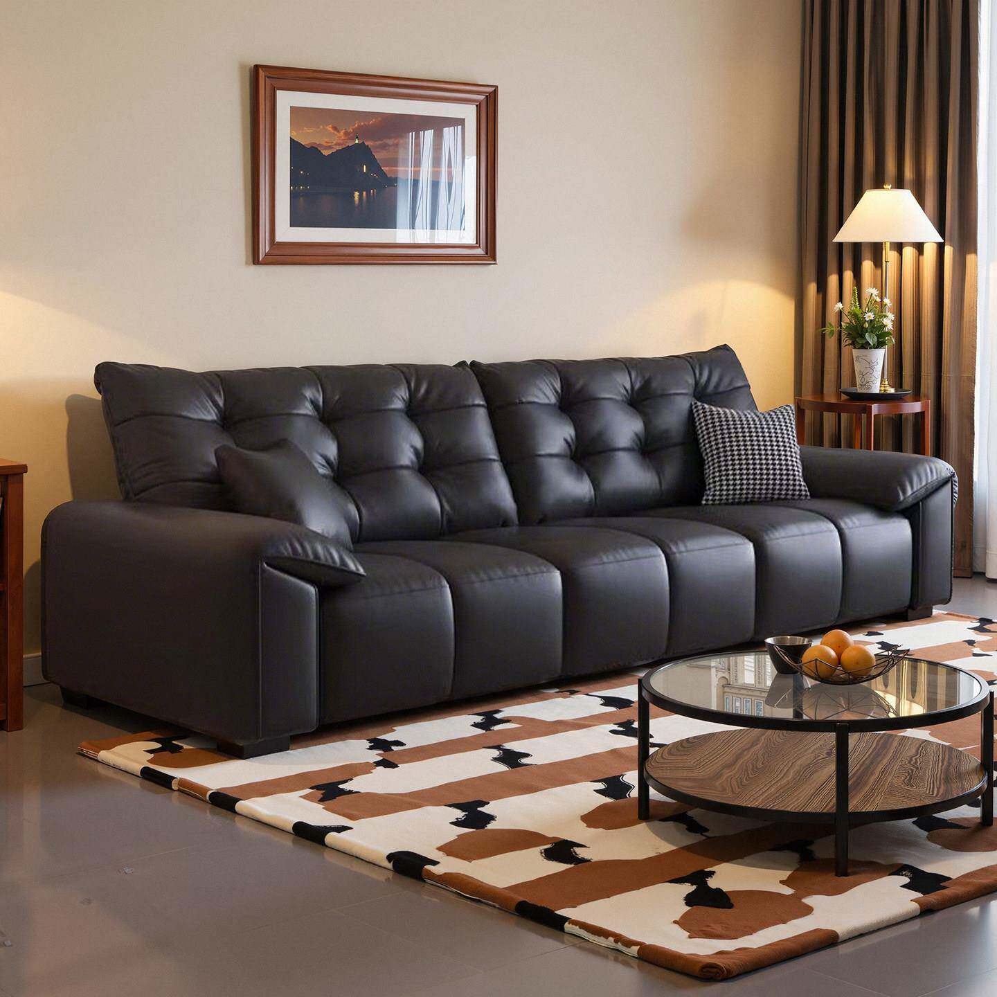 2026新款大黑牛黑色真皮客厅沙发拉扣大中小户型皮艺劳伦斯皮沙发