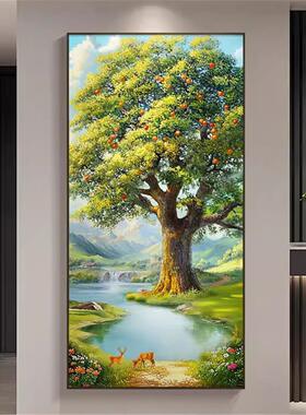 日照金山装饰画入户玄关山水风景高级挂画聚宝盆风水大树小鹿壁画