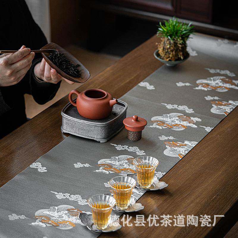 新款直销织锦长款云松茶席日式和风布艺清新茶桌搭配茶席垫双面桌