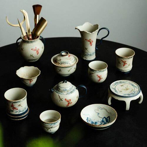 青花火石红描金纯手绘蝴蝶兰花盖碗茶杯茶壶公杯六君子 全系列