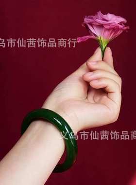 玻璃仿玉12mm粗款贵妃镯墨绿色朱砂红色扁条手镯地摊手镯一件代发