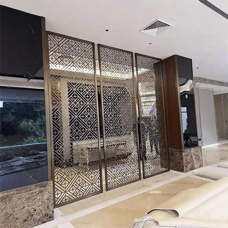 新中式不锈钢屏风隔断金属镂空铝雕花格玄关酒店会所夹丝玻璃屏风