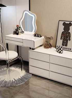2025奶油风岩实木台梳妆台床体RLD头柜一网板红伸缩化妆卧室现代