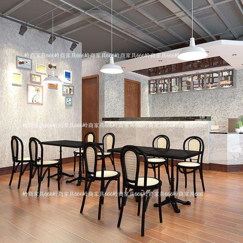 实木咖啡桌烘焙甜品店酒吧餐厅圆方桌藤编餐椅咖啡厅复古桌椅组合