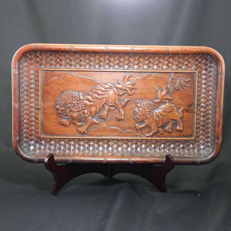 收藏古玩杂件复古工艺品花梨木 木雕复古做旧托盘摆饰