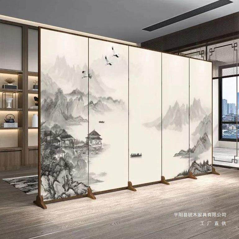 古典中式木质屏风隔断客厅进门玄关装饰茶室山水折屏折叠移动仿古