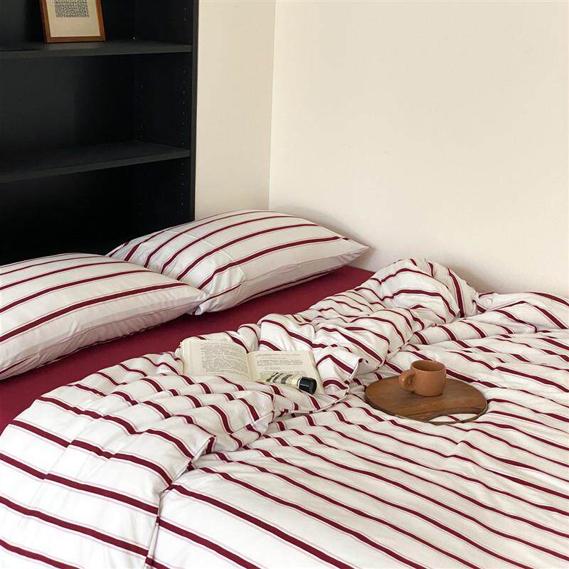 春夏亲肤中条纹针织棉四件套 纯棉套件 裸睡床单床笠款套件