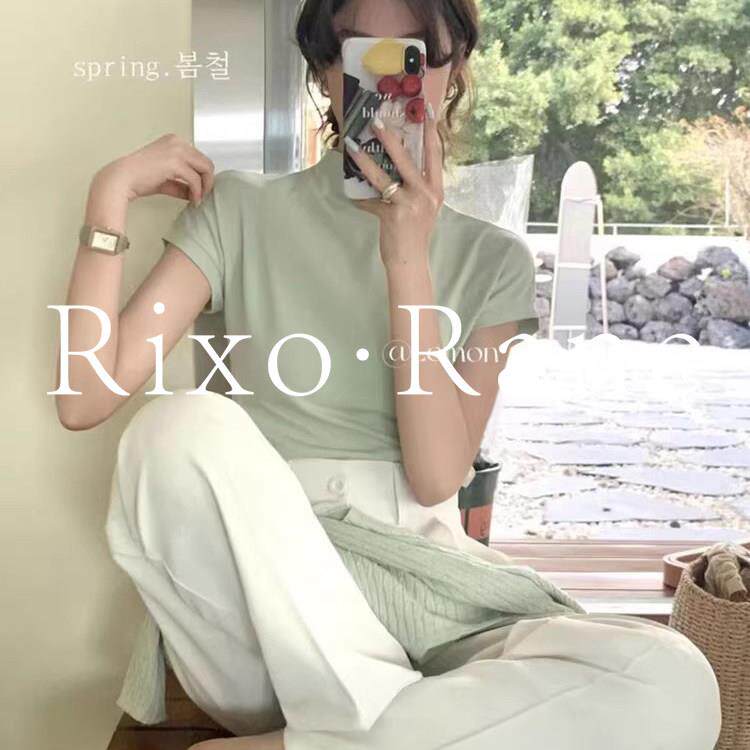 法国Rixo Rane绿色正肩短袖t恤女飞飞袖修身显瘦百搭上衣设计感