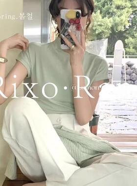 法国Rixo Rane绿色正肩短袖t恤女飞飞袖修身显瘦百搭上衣设计感
