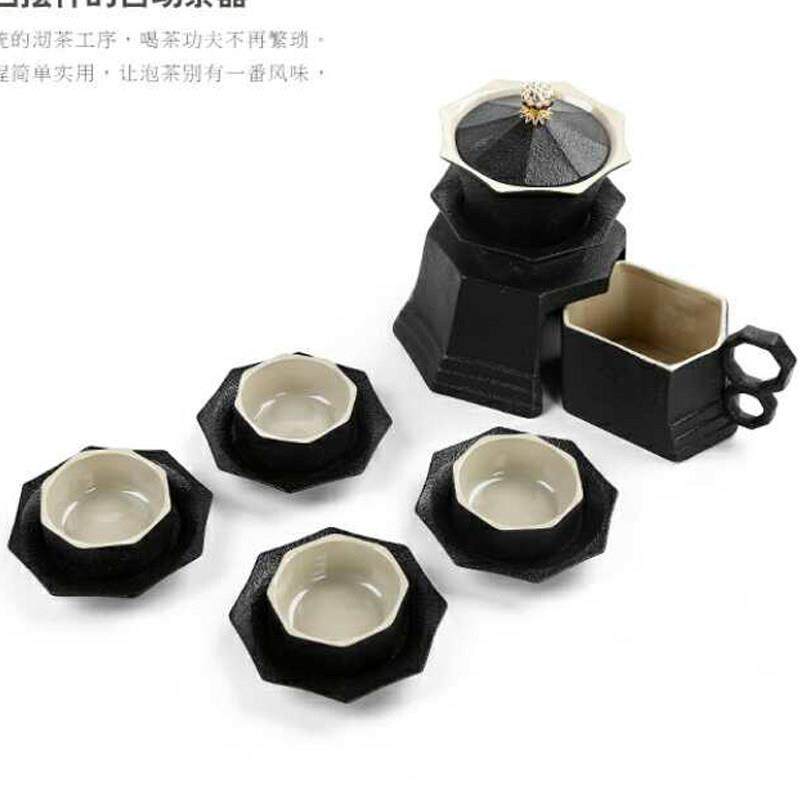 创意收纳旅行盖碗功夫茶具雷峰塔黑陶八角宝塔旋转出水自动茶具