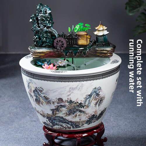 景德镇陶瓷鱼缸特大号过滤循环流水器养鱼客厅摆件喷泉荷花睡莲盆