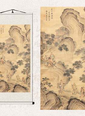 国画五老观瀑图五老天君青赤黄白黑帝挂画客厅书房茶楼卷轴装饰画