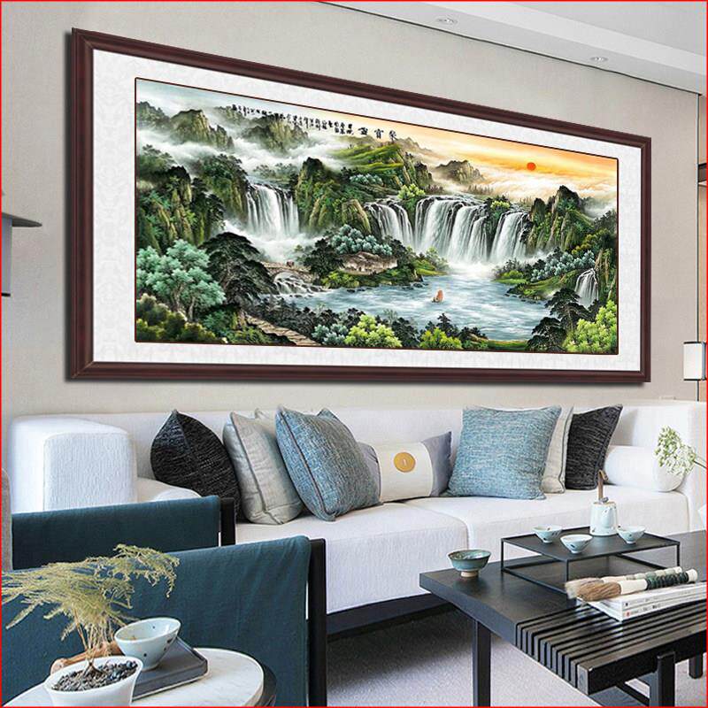 聚宝盆山水画客厅挂画卷轴旭日东升带太阳沙发背景墙旺财装饰国画