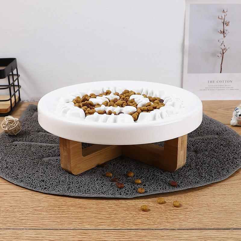 实木加高猫咪狗狗陶瓷防噎慢食碗护颈缓食器防滑防打翻小型犬狗盘图片