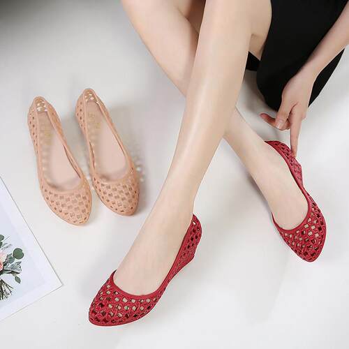 夏季凉鞋女坡跟镂空橡胶洞洞雨鞋软底沙滩鞋厚底时尚果冻0331r1