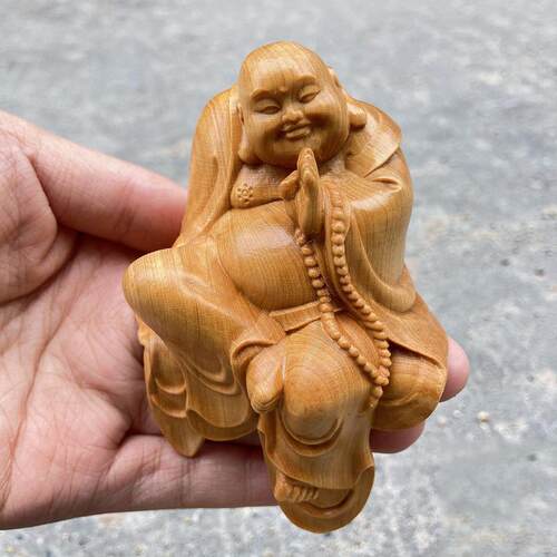 崖柏木雕弥勒像摆件 禅意笑家居客厅博古架装饰中式带底座