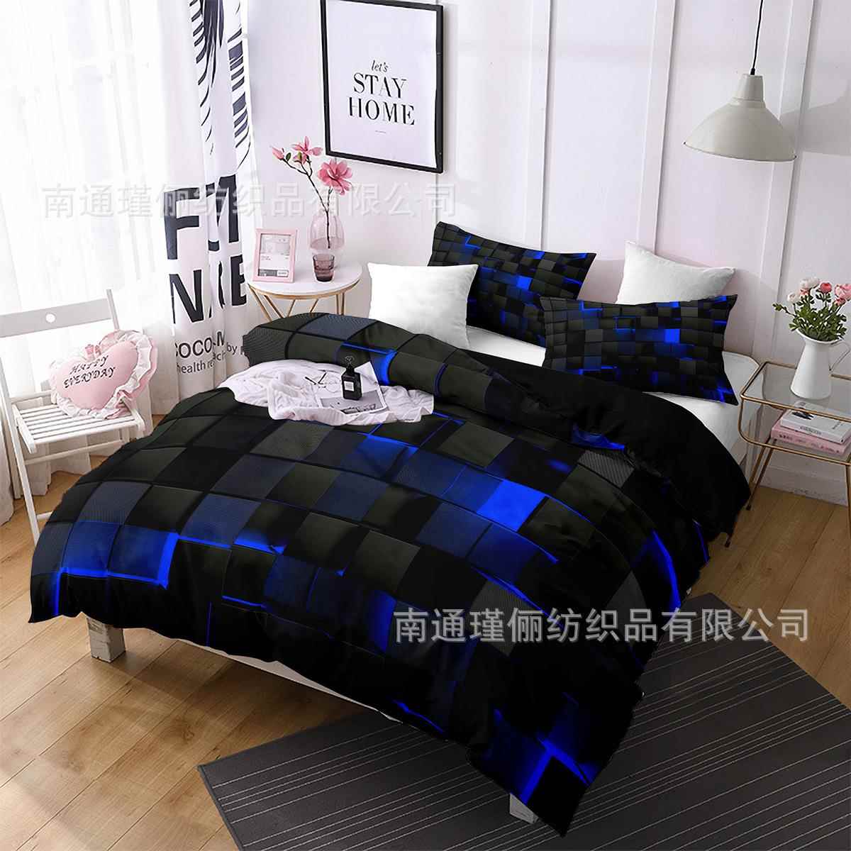 跨境印花三d图案软件套抽网格数码印象花床上用品套装柔羽绒被套