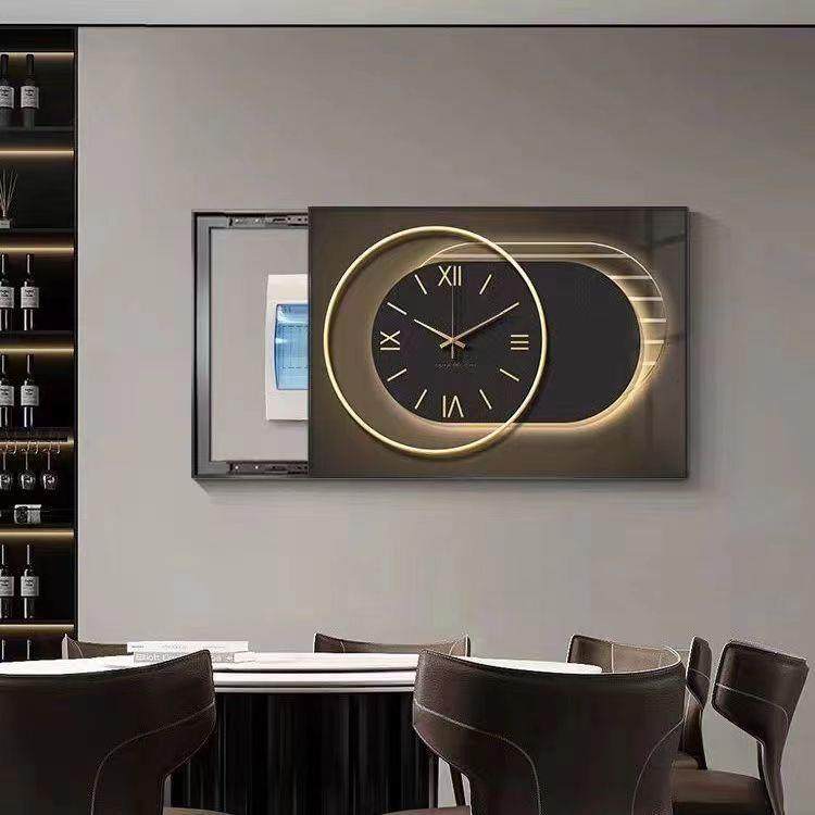 现代简约电表箱装饰画免打孔带钟表电闸开关盒挂画弱电源箱遮挡画