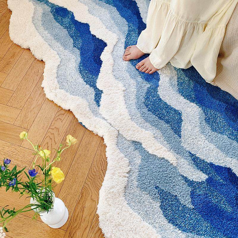 蓝色海浪卧室床边地毯加厚房间装饰布置出租屋网红沙发长条地垫,居家布艺,床边毯,淘宝优惠券,粉丝福利购,淘宝优惠卷