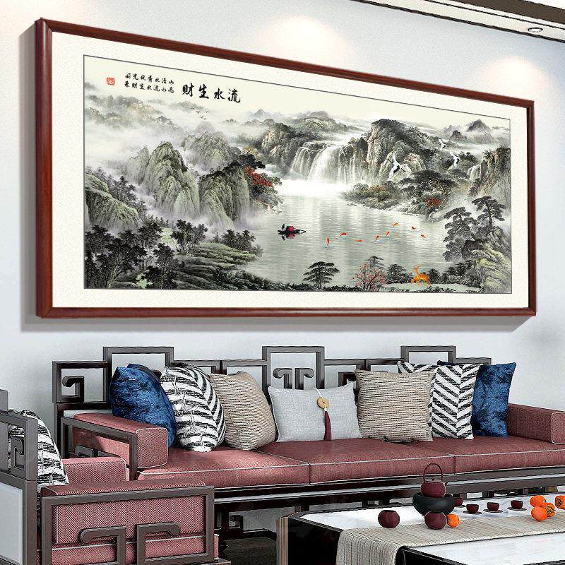 流水生财山水挂画 画字画 画办公室靠山图聚宝盆风景客厅沙发背景