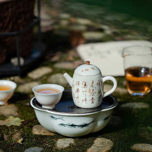 手绘水墨海棠壶承干泡台储水式双层养壶功夫茶具茶道零配